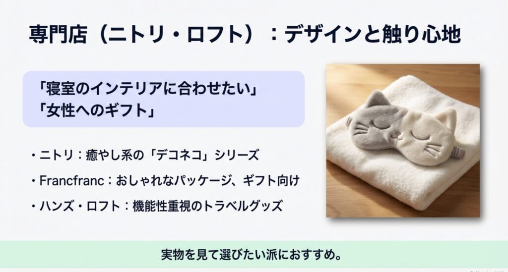 ニトリやロフトなどで購入できる猫型で肌触りの良いふわふわなアイマスク