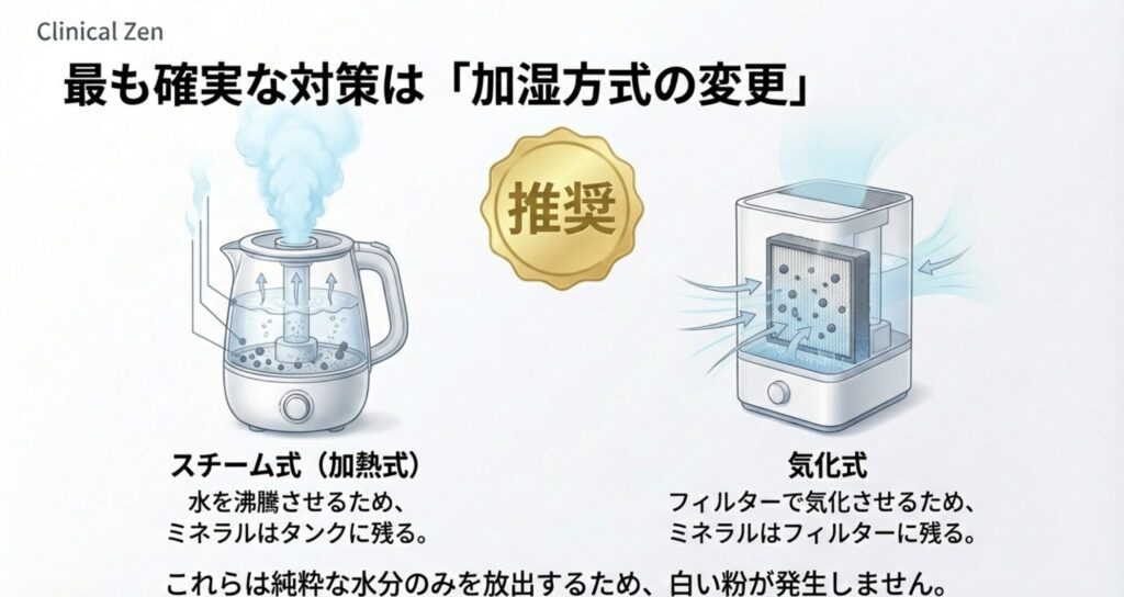 スチーム式(加熱式)や気化式への変更を推奨するスライド。ミネラルがタンクやフィルターに残る仕組みを図解。