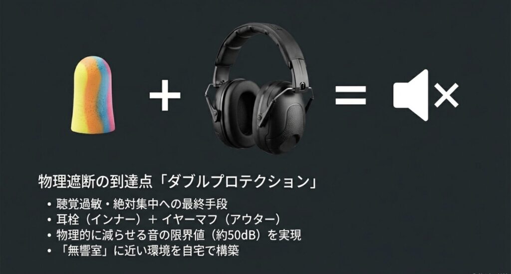 フォームタイプの耳栓とイヤーマフを足し合わせることで、物理遮断の限界値である約50dBの減衰を実現することを示す図式