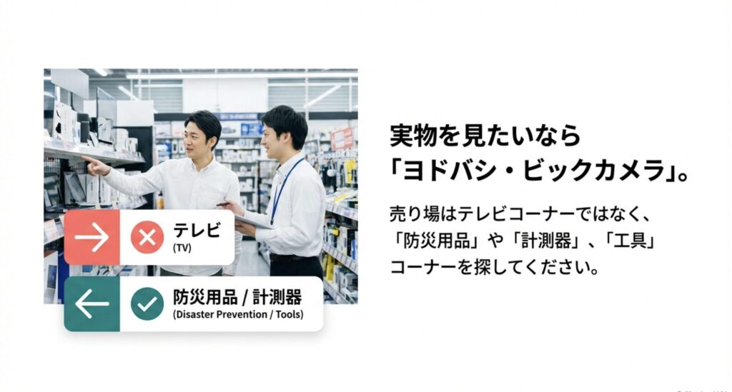 ヨドバシカメラやビックカメラなどの実店舗で購入する際、テレビコーナーではなく防災用品や計測器コーナーを探すよう案内するスライド。