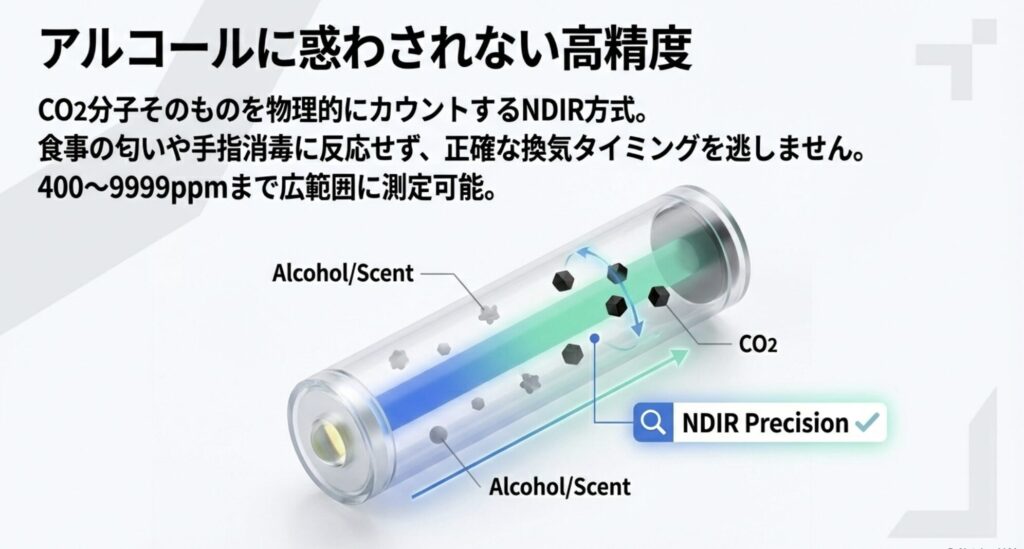 CO2分子そのものを物理的にカウントするNDIR方式の構造。アルコールや食事の匂いに干渉されず正確に測定できる仕組み。