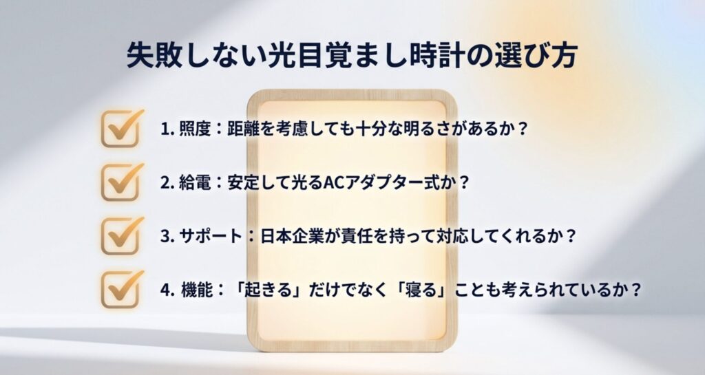 照度、給電方式、サポート、機能の4点から見る光目覚まし時計の正しい選び方リスト