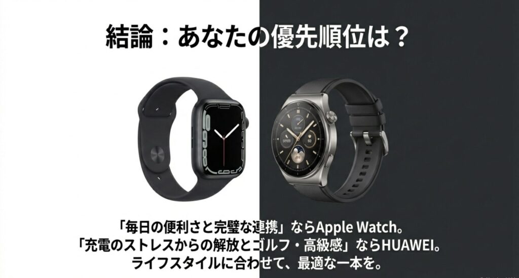 黒いバンドのモデルとシルバーのモデルが並び、「毎日の便利さ」か「充電からの解放」か、ユーザーの優先順位を問いかける結論のスライド