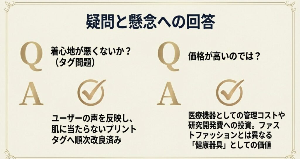 着心地（タグ問題）や価格に関する疑問への回答スライド。タグの改良や、医療機器としてのコスト構造についてQ&A形式で解説。