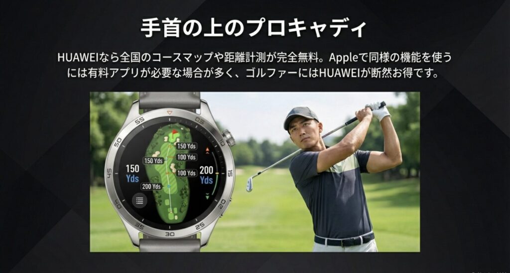 ゴルフ機能の比較。HUAWEIなら全国のコースマップや距離計測が完全無料。ゴルファーにはHUAWEIが断然お得。