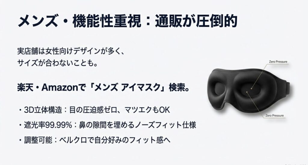 ネット通販で購入可能な男性向けの遮光性が高い黒色の3D立体構造アイマスク