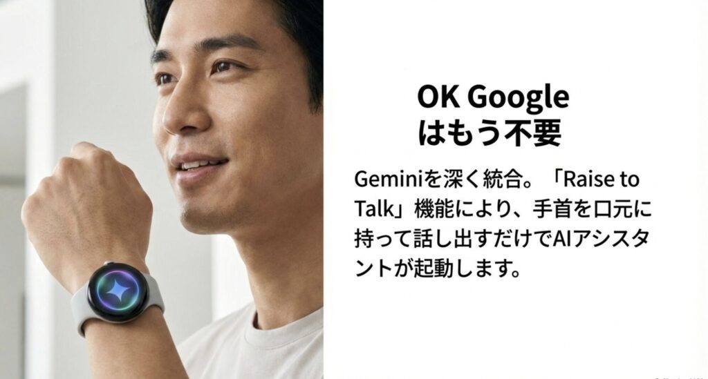 「OK Google」不要のRaise to Talk機能を紹介する図。手首を上げるだけでAIアシスタントが起動する様子。