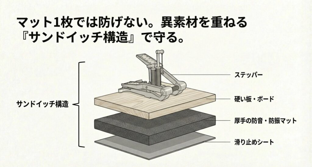 ステッパーの下に硬い板、厚手の防音マット、滑り止めシートを重ねて振動を防ぐサンドイッチ構造の図解。