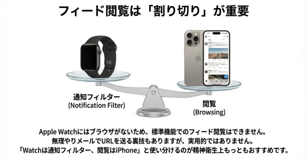 Apple Watchは「通知フィルター」として使い、タイムラインの閲覧はiPhoneで行うという、デバイスごとの役割分担を天秤のイラストで表現した図解。