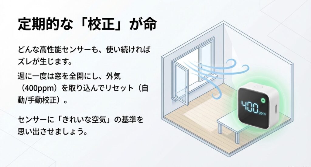 センサーのズレを修正するために、週に一度窓を開けて外気(400ppm)を取り込みリセットする校正作業の重要性。