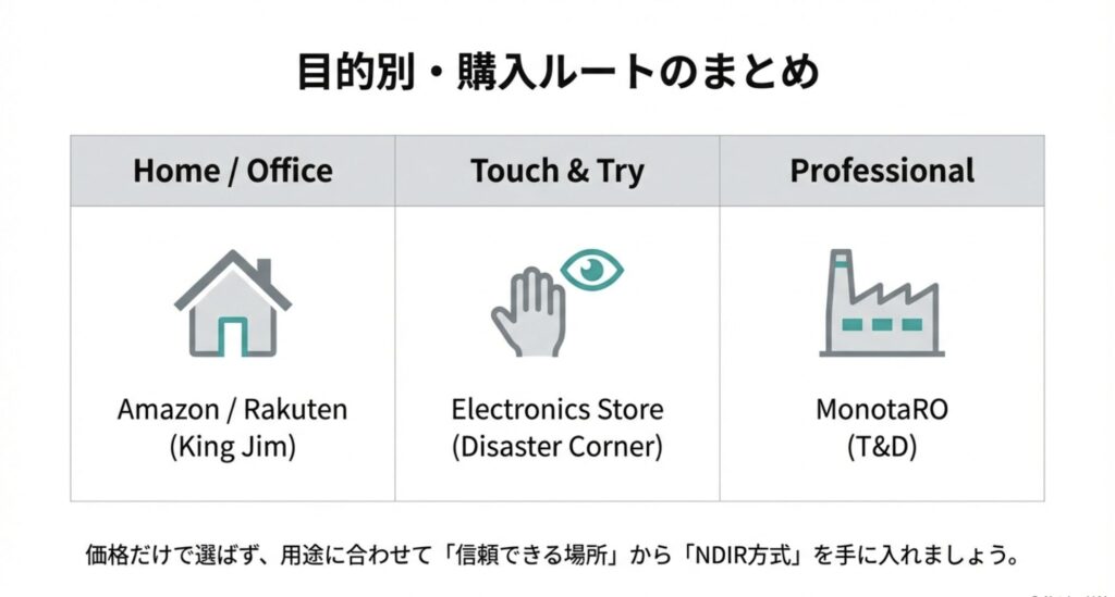 家庭・オフィスはAmazon/楽天、実物確認は家電量販店、プロ用途はMonotaROと、目的別に最適な購入場所と推奨メーカーをまとめた一覧表。