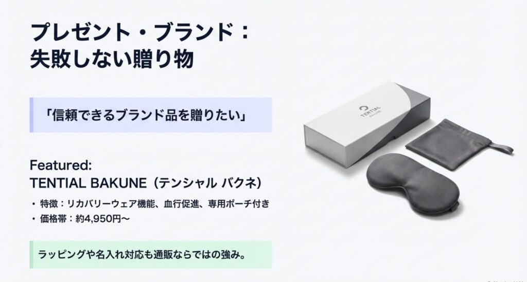 プレゼントに適した高級感のあるTENTIAL(テンシャル)BAKUNEアイマスクとパッケージ