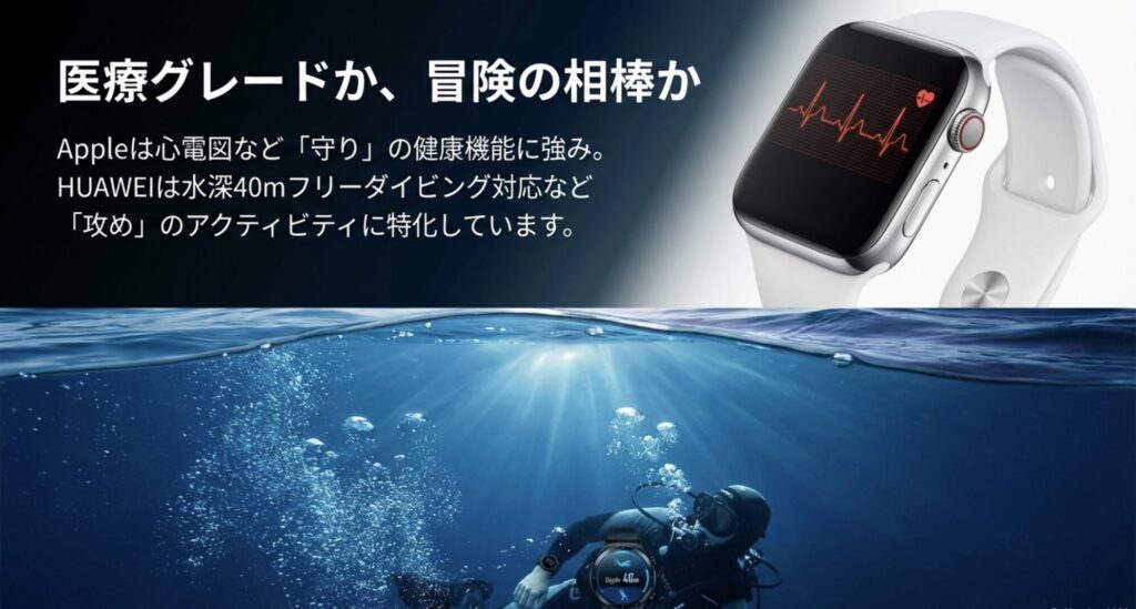 健康機能とアクティビティの比較。Appleは心電図など守りの健康機能に強み。HUAWEIはダイビング対応など攻めのアクティビティに特化。