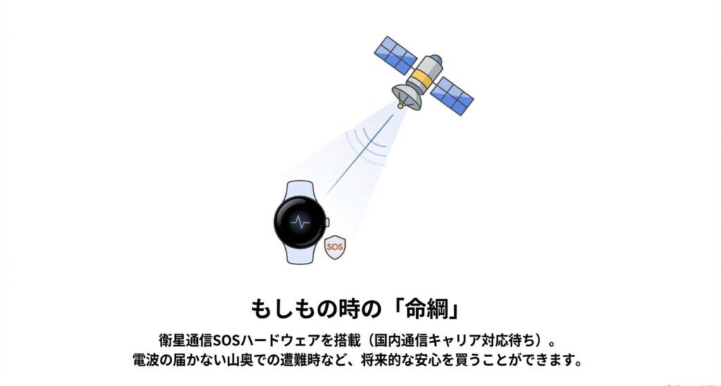 スマートウォッチから人工衛星へSOS信号を送るイメージイラスト。電波の届かない場所での安全機能を示す図。