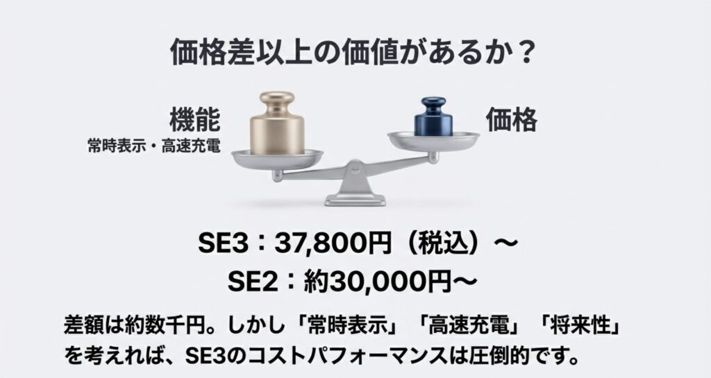 Apple Watch SE2とSE3の価格差と、常時表示や高速充電機能によるコストパフォーマンスの比較