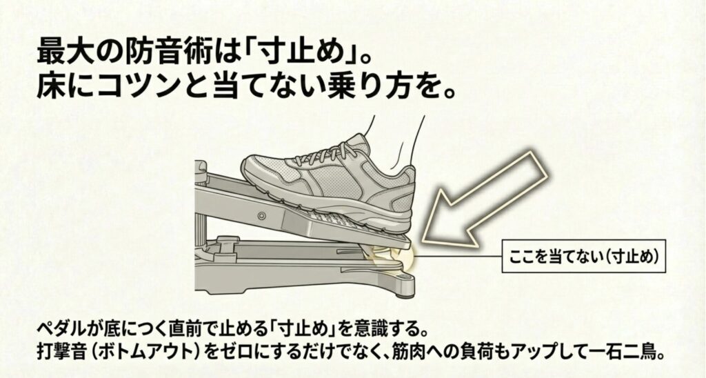 ペダルが床に当たる直前で止める「寸止め」を行うことで、打撃音を防ぐ乗り方のイラスト解説。