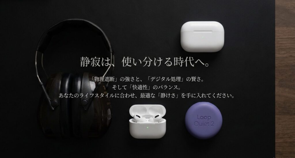 AirPods Proのケース画像と共に、物理的な強さとデジタルの賢さ、そして快適性のバランスを説くまとめのメッセージ