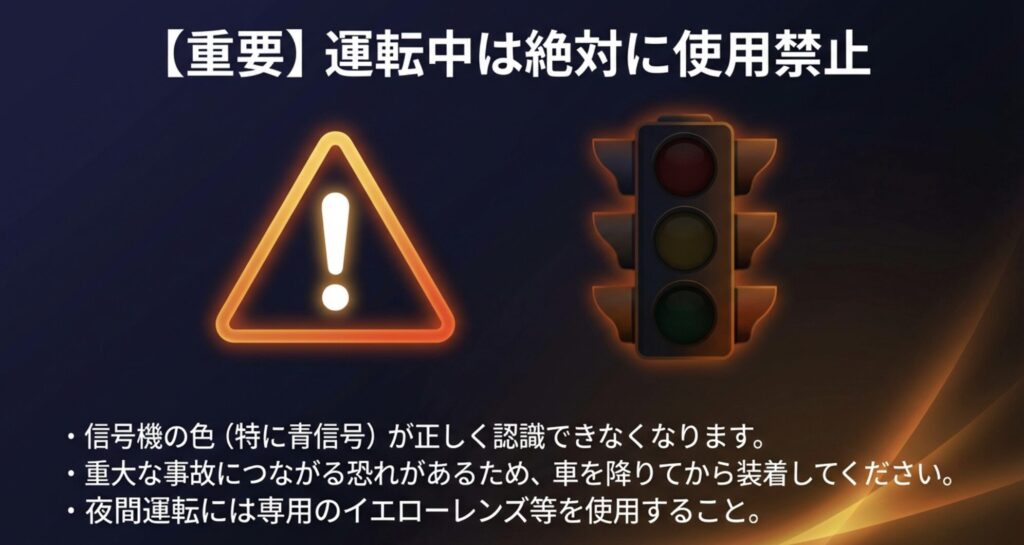 信号機の色が認識できなくなるため、運転中のアンバーグラス使用は絶対禁止であることを示す警告マークと注意書き。