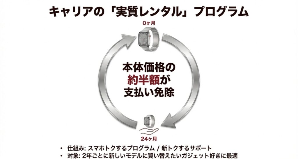 24ヶ月後の端末返却による支払い免除などキャリアのプログラム解説図