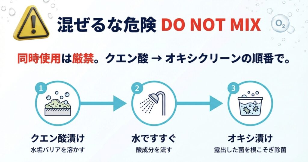 混ぜるな危険の注意喚起と、クエン酸漬けで水垢を落としてから、水ですすぎ、最後にオキシ漬けをする正しい手順図。
