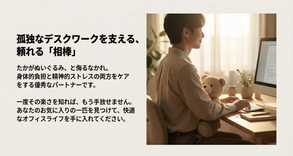 デスクに向かう男性とふんばるずのイメージ写真、「相棒」としての提案