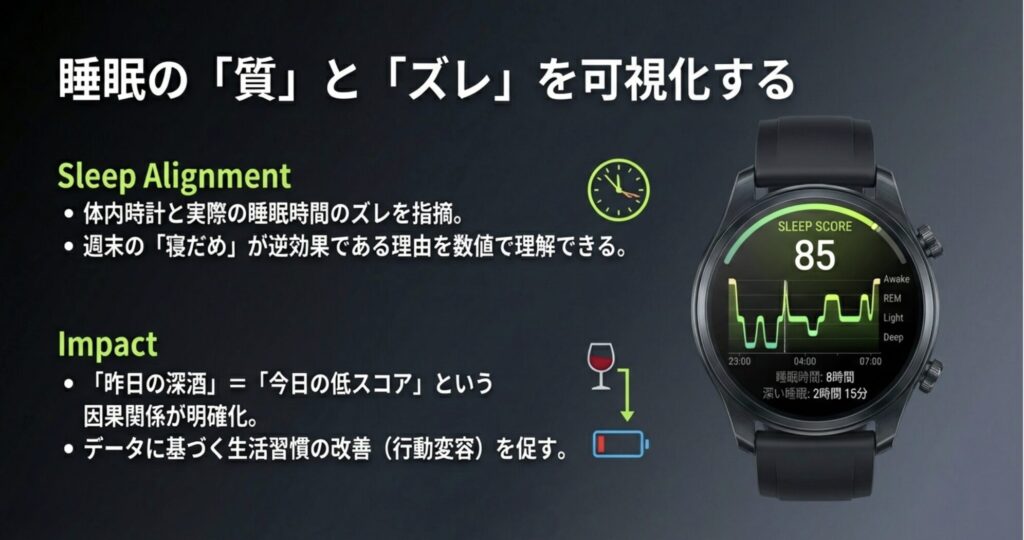 睡眠スコア85点を示す画面と、睡眠の質やズレ（スリープアライメント）を可視化するグラフ。