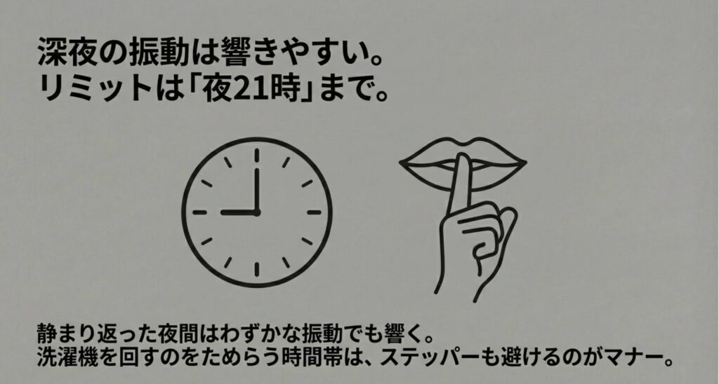 深夜の振動は響きやすいため、ステッパーの使用は夜21時までにするべきというマナー喚起のイラスト。