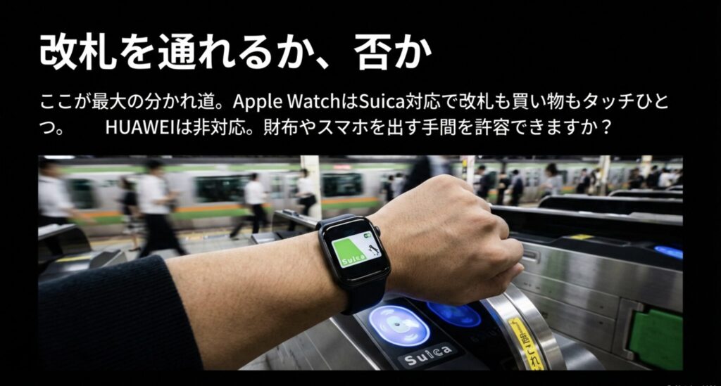 電子マネー対応の比較。Apple WatchはSuica対応で改札も買い物もスムーズ。HUAWEIは非対応のため財布やスマホが必要。