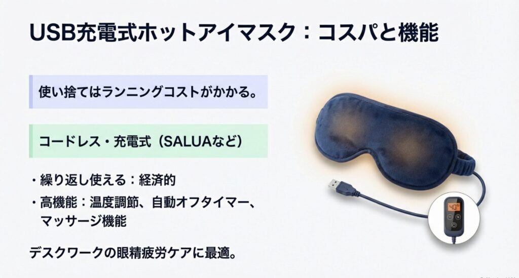 繰り返し使えて温度調節も可能なUSB充電式のホットアイマスクとコントローラー