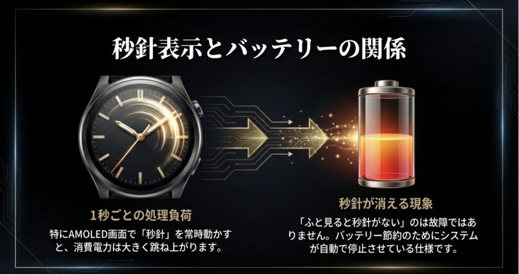 秒針が動いているアナログ時計のデザインと、秒針を常時動かすことによるバッテリー消費への影響についての解説