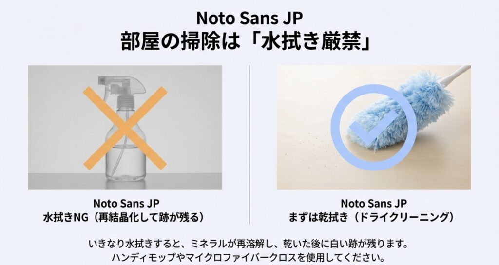 部屋に付いた白い粉を掃除する際、いきなり水拭きするのはNGであり、ハンディモップ等での乾拭きが推奨される理由の解説。