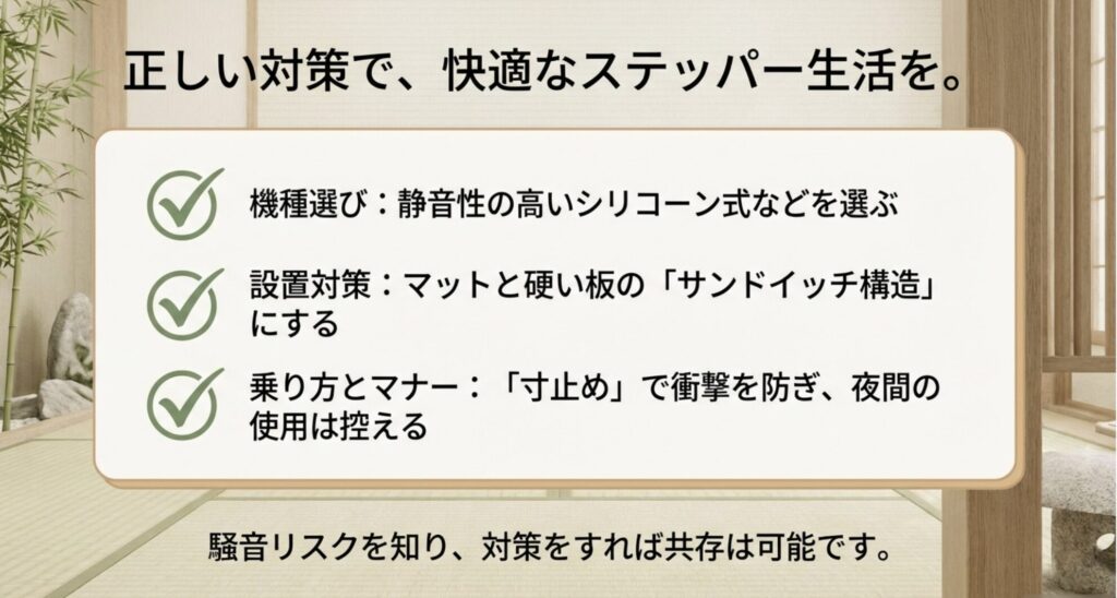 機種選び、設置対策（サンドイッチ構造）、乗り方（寸止め）の3つのポイントをまとめた総括スライド。