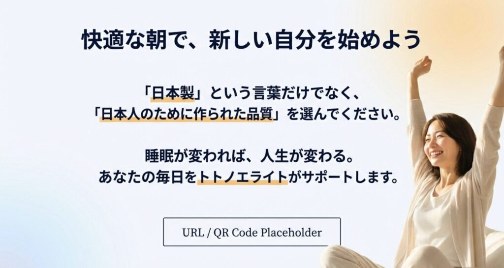 日本人のために作られた品質を選び、睡眠を変えて人生を変えようというメッセージスライド