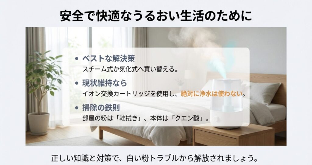 加湿方式の変更、イオン交換カートリッジの使用、正しい掃除方法など、白い粉トラブル解決のための重要ポイントまとめ。