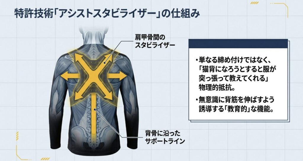 背中の筋肉図解。X字の方向に力が働いている矢印と、背骨に沿ったサポートラインの図。物理的抵抗と教育的機能の説明。