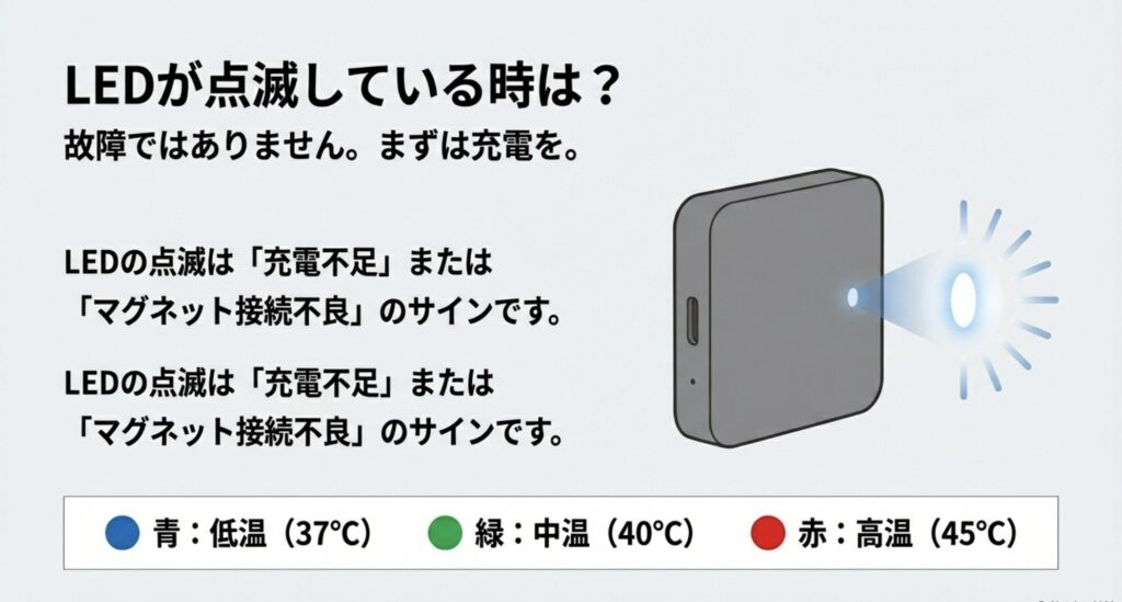LEDランプの色による温度設定（青・緑・赤）の違いと点滅時（充電不足・接続不良）の注意点