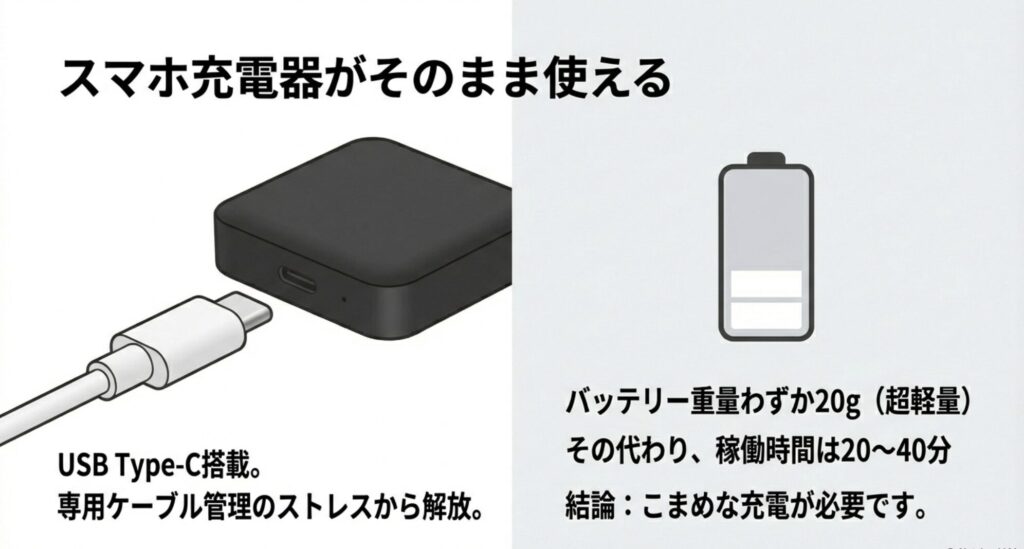 USB Type-Cケーブルで充電可能なバッテリーユニットと充電仕様の解説