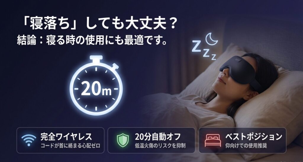 コードレスで寝返りも安心なCIOホットアイマスクの使用イメージと自動オフ機能の解説