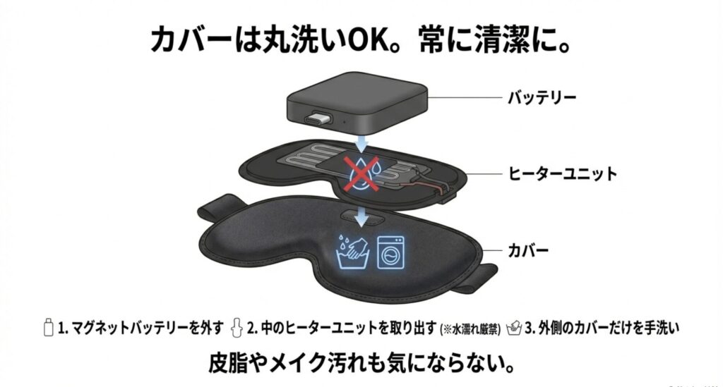 バッテリーとヒーターユニットを取り外してカバーを洗濯する手順を示した分解図