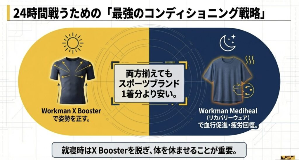昼はX Boosterで姿勢矯正、夜はMedihealで疲労回復というサイクルの図。1000円札のイメージとコストパフォーマンスの良さ。