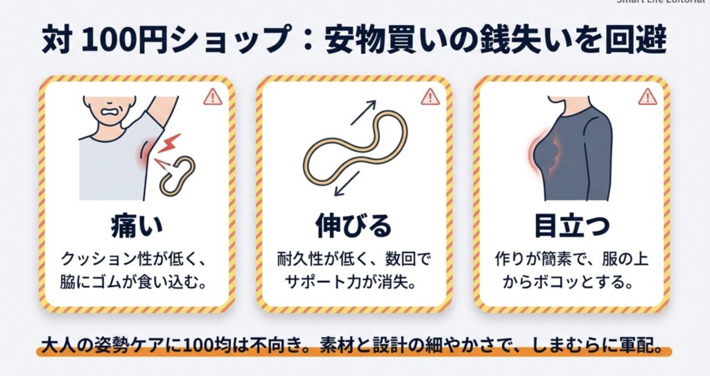 100均の猫背矯正バンドが脇に食い込んで痛くなるデメリットの図解