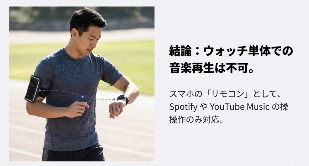 ランニング中にスマホを携帯している男性の画像と、ウォッチ単体での音楽再生は不可でリモコン操作のみ対応という解説