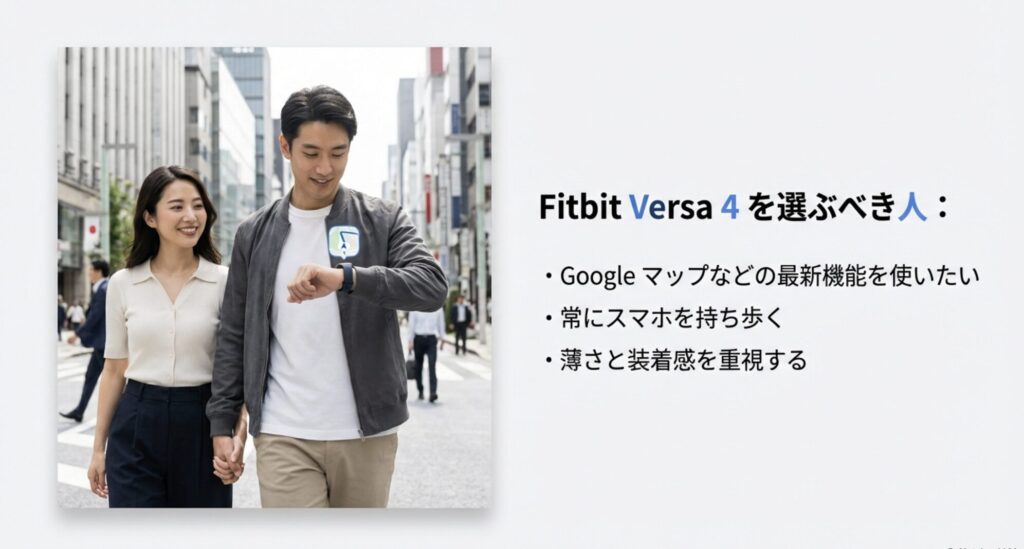 街中を歩くカップルの画像と、Googleマップ対応や薄さを重視する人がFitbit Versa 4に適しているというまとめ