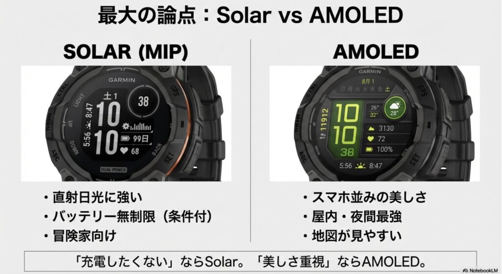 Instinct 3のSolarモデル(MIP液晶)とAMOLEDモデルの比較スライド。左側にSolarの実機画像と共に「直射日光に強い」「バッテリー無制限」という特徴、右側にAMOLEDの実機画像と共に「スマホ並みの美しさ」「屋内・夜間最強」という特徴を対比させている。