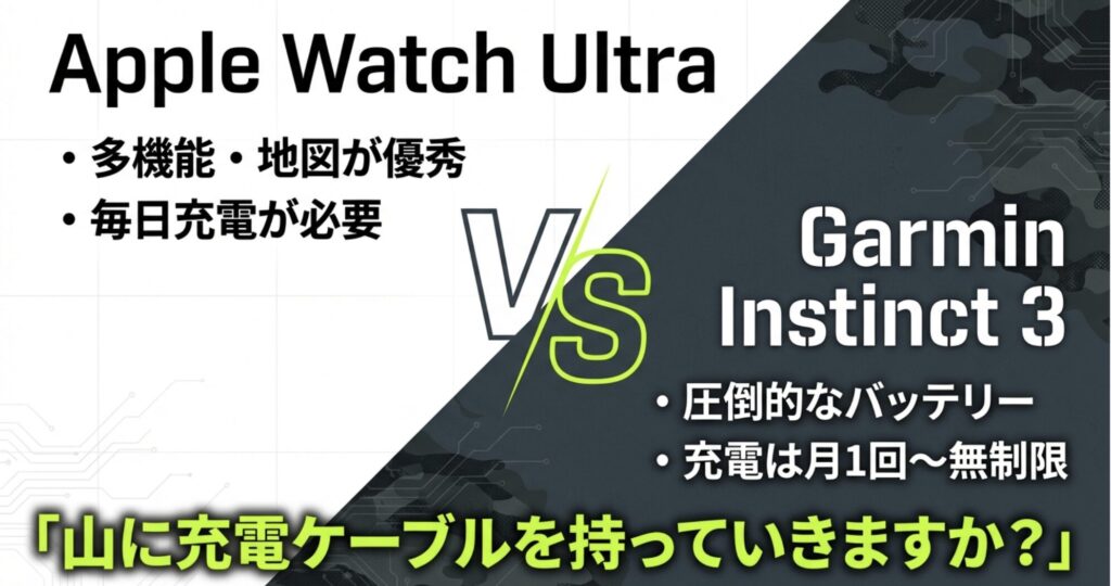 Apple Watch UltraとInstinct 3の比較スライド。多機能だが毎日充電が必要なApple Watchに対し、月1回〜無制限のバッテリーを持つInstinct 3の優位性を「山に充電ケーブルを持っていきますか?」という言葉で表現している。