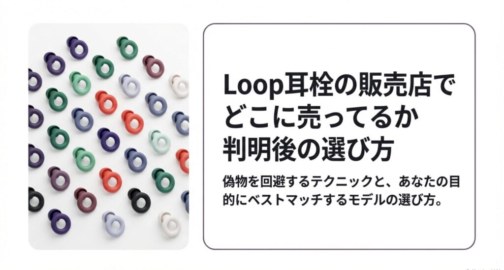 色とりどりのLoop耳栓が並んでいる画像。販売店判明後に重要となる、自分に合ったモデル選びと偽物回避についての導入スライド。