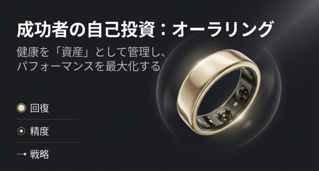 ゴールドのオーラリングのアップ画像。「成功者の自己投資」「健康を資産として管理しパフォーマンスを最大化する」というキャッチコピー。