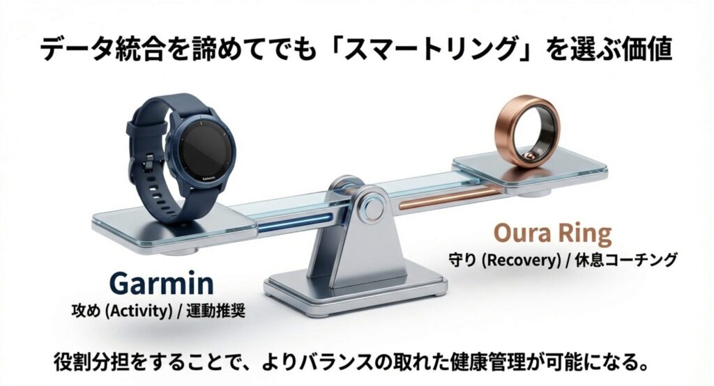 Garminを攻め（活動）、Oura Ringを守り（休息）として使い分けるバランスのイメージ