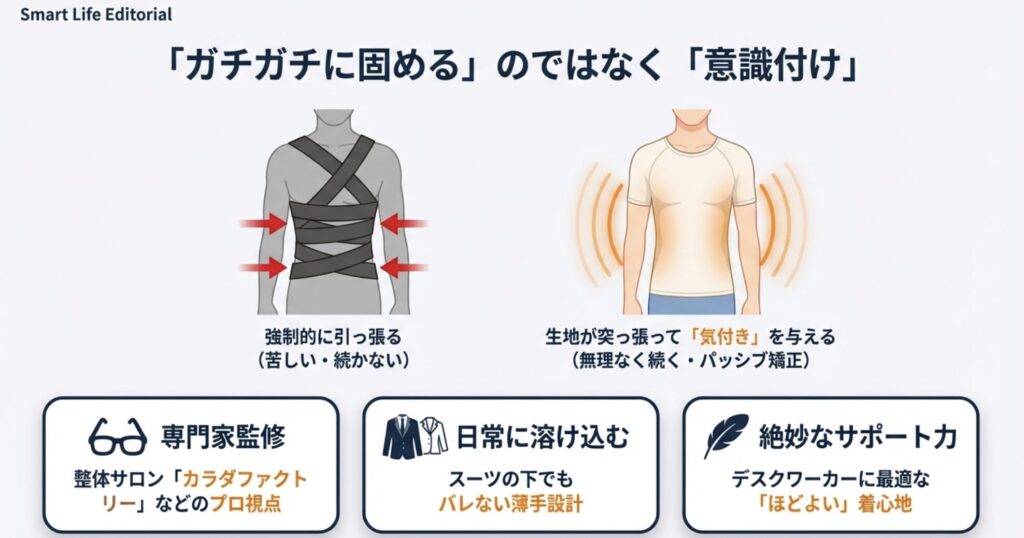 説 しまむらの姿勢サポートインナーが採用するパッシブ矯正と着心地の仕組み図解