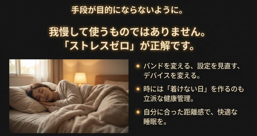 手段が目的にならないよう、ストレスゼロで運用することの重要性を説くスライド